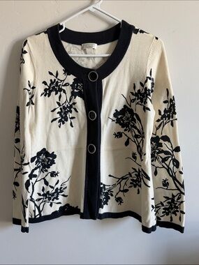 Christopher & Banks Navy Blue and Cream Floral Button-Front Cardigan